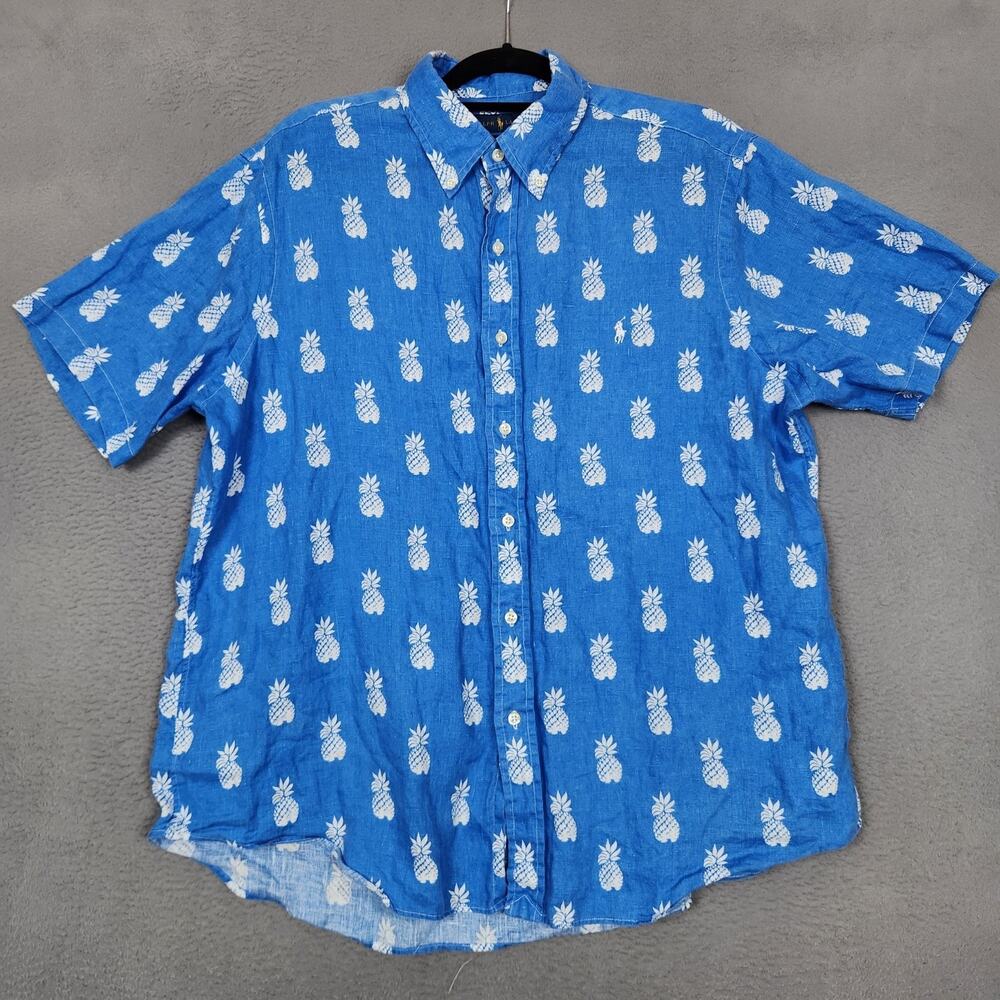Ralph Lauren Shirt Mens XL Blue Pineapple Linen Short Sleeve Hawaiian Button Up